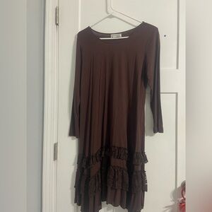 Chic Long Sleeve Brown Ruffle Dress
